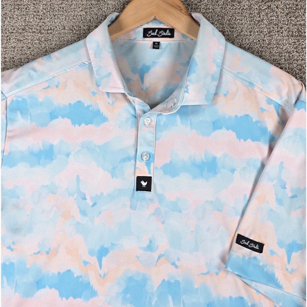Bad Birdie‎ Mens XL Golf Polo Shirt Blue Pink Cotton Candy Print Performance